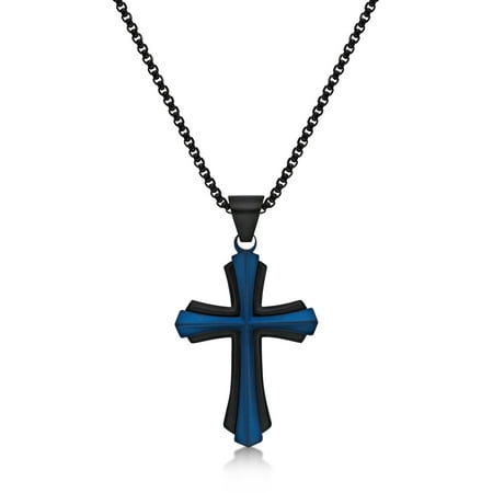 Metro Jewelry Stainless Steel Black and Blue Ion Plated Cross Pendant - 24 Inch Round Box Chain