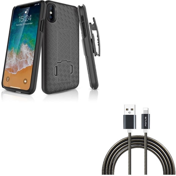 Metal USB Cable w Case Belt Clip for iPhone XS/X - 3ft Charger Cord Power Wire Sync, Holster Swivel Cover Kickstand Armor for iPhone XS/X