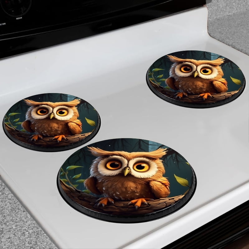 BaHomeck Electric Stove Burner Covers Set of 4,Round Metal Gas Stove Burner Covers 8 Inch and 10 Inch,Kitchen Decor,Cute Owl Sitting On Tree Branch