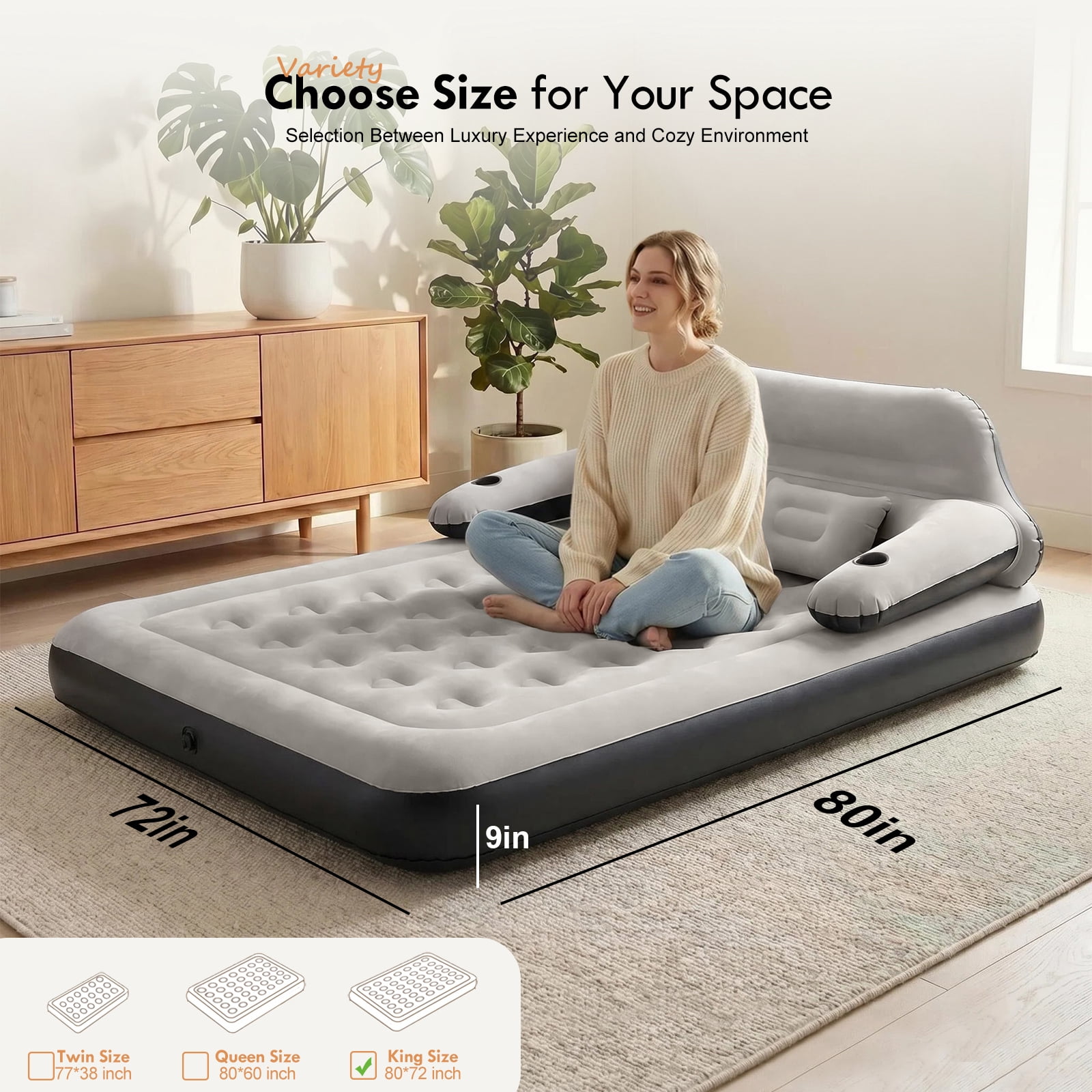 Honeydrill King Size 9" Air Mattress with Headboard, Air Couch Sofa Bed