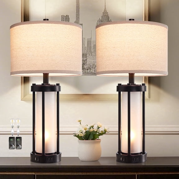 RORIA 24”Modern Living Room Table Lamps Set of 2,with Dual USB C&A Charging Ports, Built-in Frosted White Glass with Night Light, Black Retro Country Farmhouse Lamp, Suitable for Bedroom Bedside Lamp