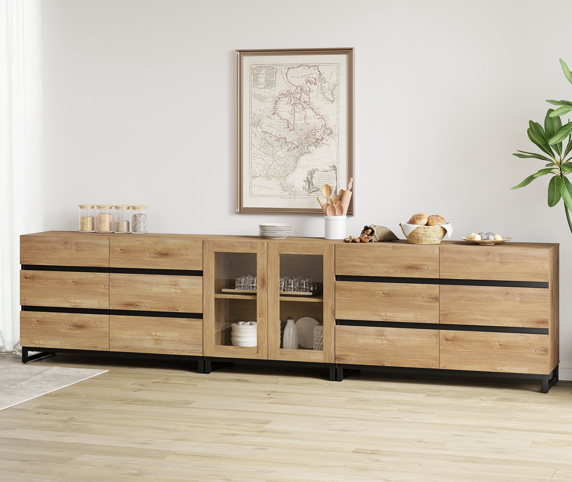 3-In-1 Multifunctional Sideboard Buffet with 12 Drawers, Modern Tempered Glass Door Credenza with Adjustable Shelf & Metal Base, Freestanding Coffee Bar Storage Cabinet for Kitchen Living Room