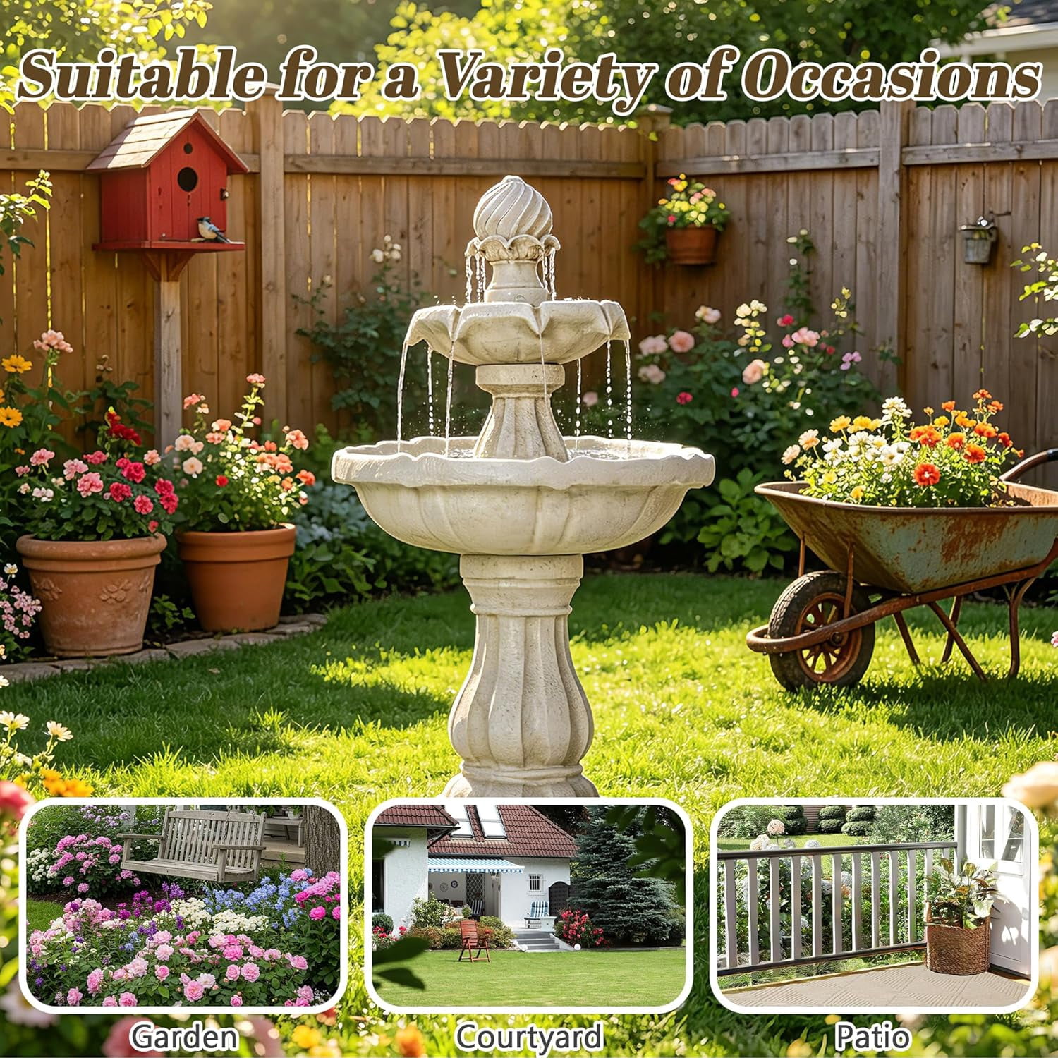 37.4" H Outdoor Water Fountain, 2-Tiers Classic Pedestal Cascading Water Feature, Indoor/Outside Garden Fountain for Garden Patio Yard Decor