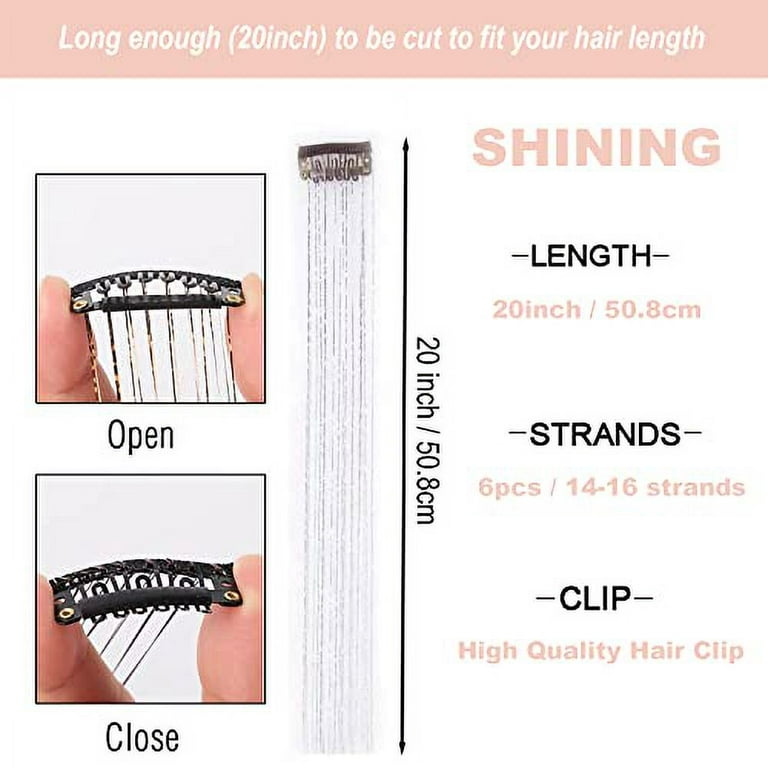 Silver Clip in Hair Tinsel Kit, Pack of 6Pcs Glitter Fairy Tinsel Hair  Extensions 20 Inch Shiny Hair Tinsel Heat Resistant, Sparkly Strands Hair  Accessories, Festival Gift for Women Girls Kids