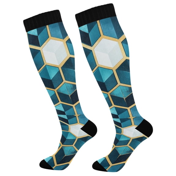 FORMRS Womens Knee High Socks Casual Long Thick Travel Daily Wear, 1 Pair, Light Blue Geometric Pattern