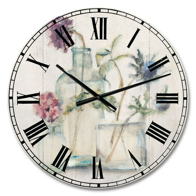 Farmhouse wall clock with black Roman numerals and hands, decorated with watercolor blossoms in glass jars against a white birch wood plank background.