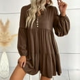 thumbnail image 4 of Holloyiver Women's Notched Neck Button Dresses Solid Color Lantern Long Ruffle Sleeve Loose Short Flowy Pleated Mini Babydoll Dress women's fall clothing for women S-XL, 4 of 7