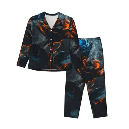 Salouo Blue and Red Roses Artwork Pattern Women s Pajamas Set Long Sleeve Button Down Sleepwear Soft Pj Lounge Sets for women 2 Piece Pjs Set with Long Pants-