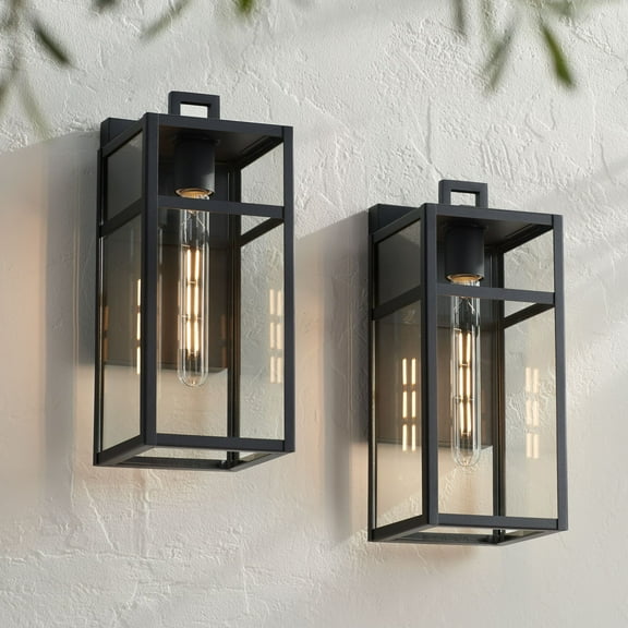John Timberland San Lucas 14 1/2" High Modern Outdoor Wall Light Fixture Mount Porch House Set of 2 Sand Black Metal Glass Shade