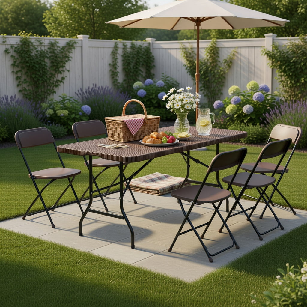 Hommoo 6 ft Portable Folding Table, HDPE Rattan-Look Tabletop, Weatherproof & Locking Frame for Outdoor Picnics, Camping, and Indoor Use, Coffee