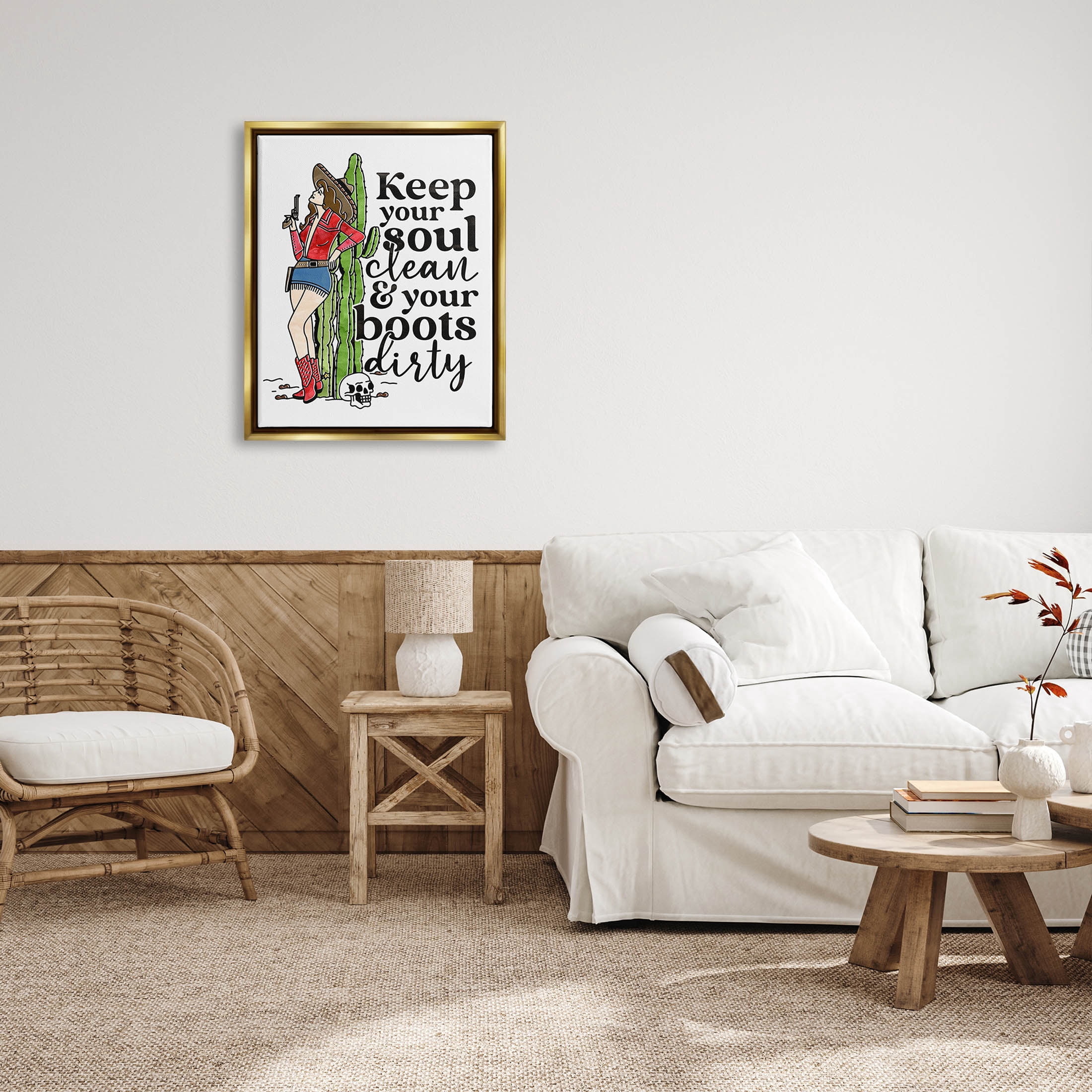 Soul Clean Boots Dirty Cowgirl Novelty Graphic Art Metallic Gold Framed Art Print Wall Art