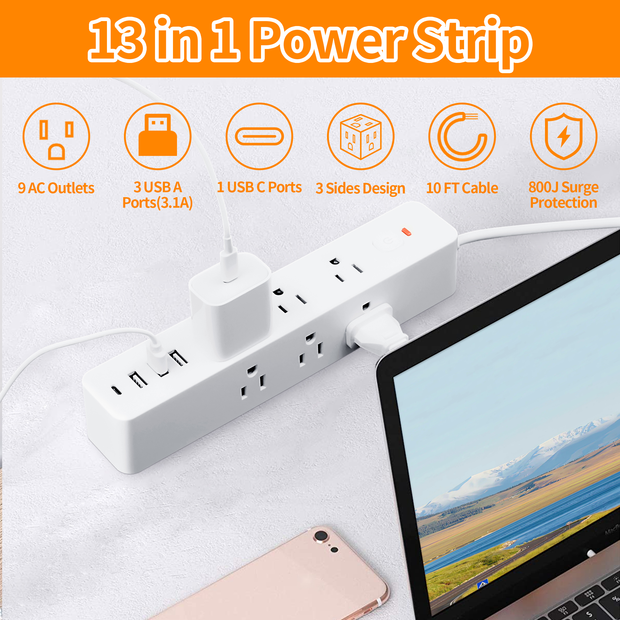 Meromore 9-Outlet Surge Protector Power Strip with USB-C and 4 USB Ports photo 2