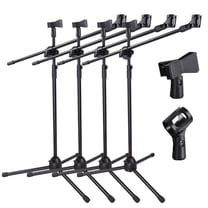 4x Adjustable Height Microphone Stands Dual Mic Clip 90-degree Rotating Folding Type Boom Arm Tripod