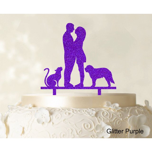 Couple Wedding Cake Topper With Pets Silhouette Wedding Topper Cake Decorations Color Option Available 6.5-7.5 Inches Wide