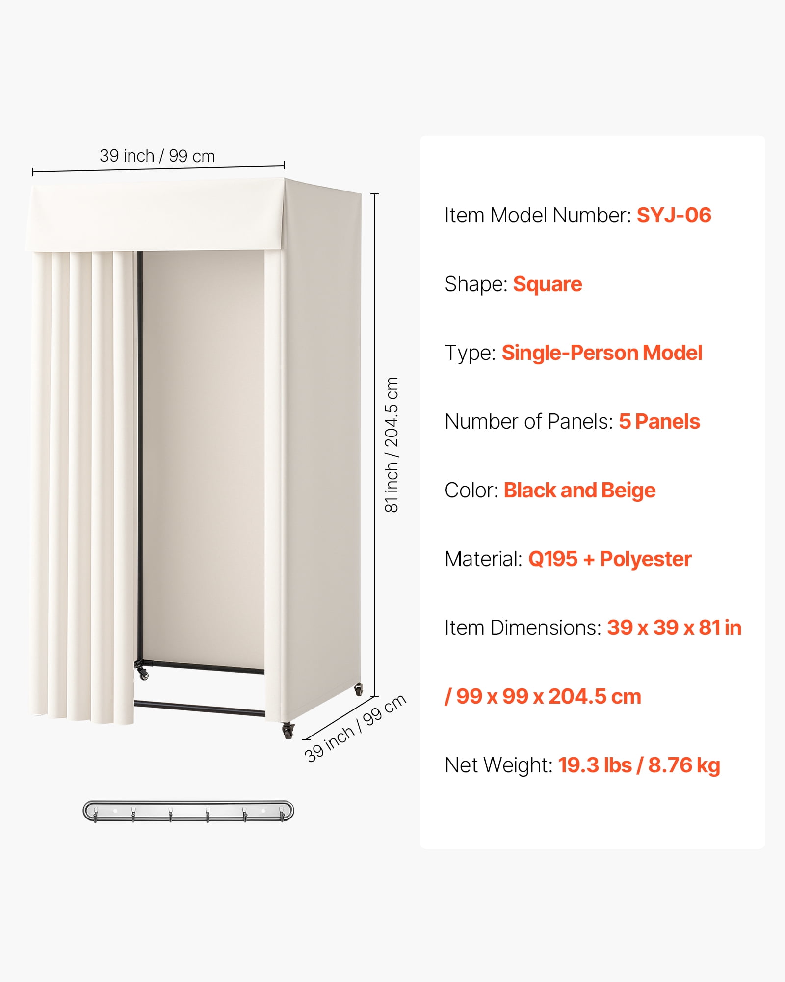 VEVOR Fitting Room, Moveable Dressing Room with Thick Curtains, Privacy Space with Casters and a Sturdy Metal Hook, for Boutique, Mall, Tailor's Store & Outdoor (39 x 39 x 81 in, Black and Beige)