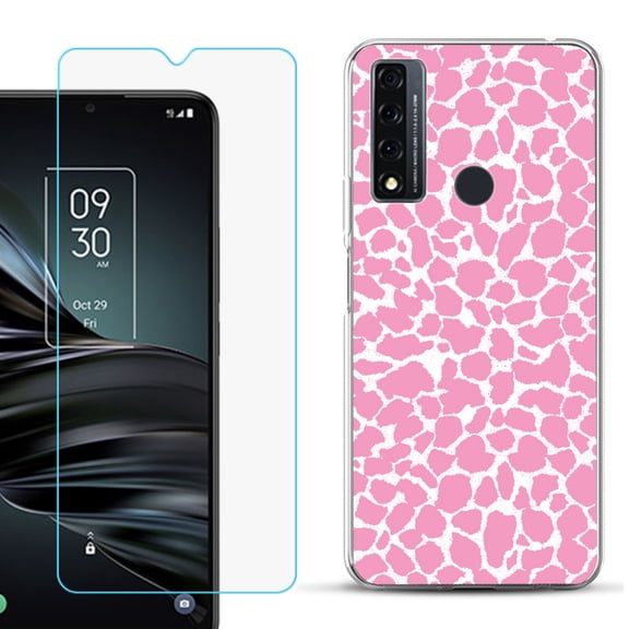 Slim-Fit Fashion Phone Case for TCL 20 XE, with Tempered Glass Screen Protector, by OneToughShield ® - Giraffe/Pink
