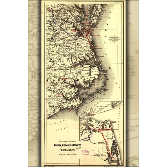 24"x36" Gallery Poster, Maps of Norfolk Albermarle Atlantic Railroad 1891