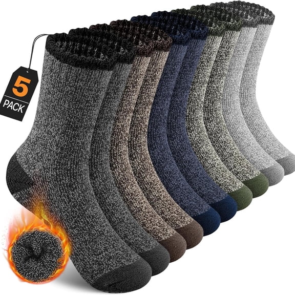 OQRKI 5 Pairs Merino Wool Socks for Men, Thermal Wool Hiking Socks Supper Thick Winter Crew Socks Warm Thermal Socks (Us Size 7-13)