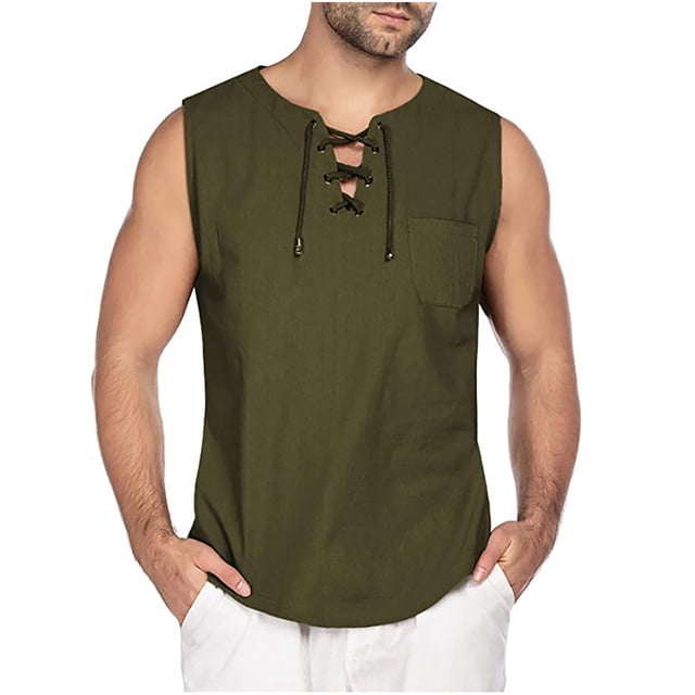 Styesk Débardeurs Homme Mode Homme à Cordon Couleur Coton et Lin T-shirt Sans Manches Hauts