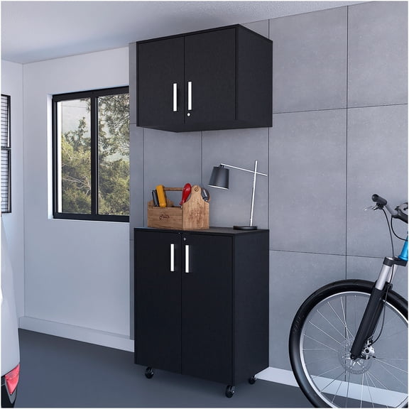 JERFIT 2-Piece Black Garage Storage Set with Locking Cabinet & Wall Organizer