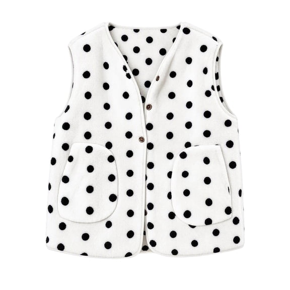 NominalSnug Womens Fuzzy Fleece Vest V Neck Sleeveless Button Down Polka Dot Jackets With Pockets Fall Outerwear