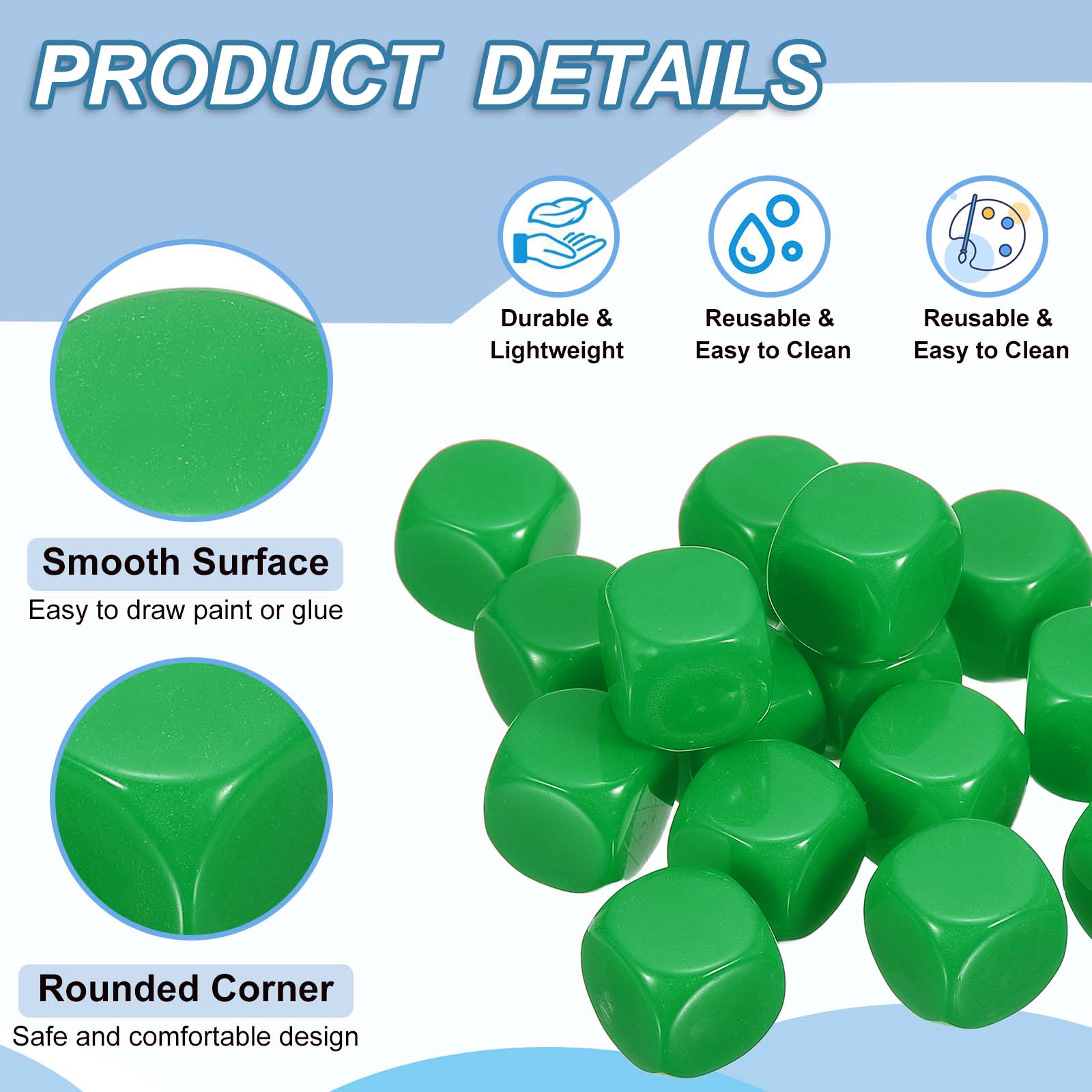 16 mm Acrylic Dice Blank, 100 Pcs Rounded Corner Blank Dice with Smoothed Surface Six Sided for Board, Green