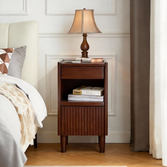 Walnut Solid Rubberwood Nightstand with One Drawer Open Shelf Fluted Cabinet Door, Wooden Side Storage Cabinet for Bedroom Living Room