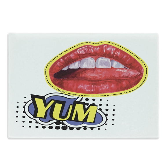 Yum Cutting Board, Hand Drawn Woman Lips and Tongue Pop Art Design in Comic Style Talking Balloon, Decorative Tempered Glass Cutting and Serving Board, in 3 Sizes, by Ambesonne