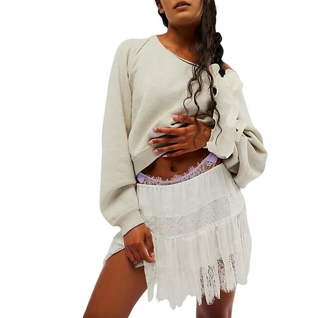 Women'S Y2k Half Slip Skirt Low Rise Pleated Ruffle LaceTrim Skirt Layered Flowy Short Skirts Underskirt White S