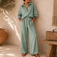 thumbnail image 2 of MaFYtyTPR Women 2 Piece Striped Outfits 3/4 Sleeve Button Down Shirt with Drawstring Wide Leg Pants Casual Comfy Two-piece Set A-Green L, 2 of 6