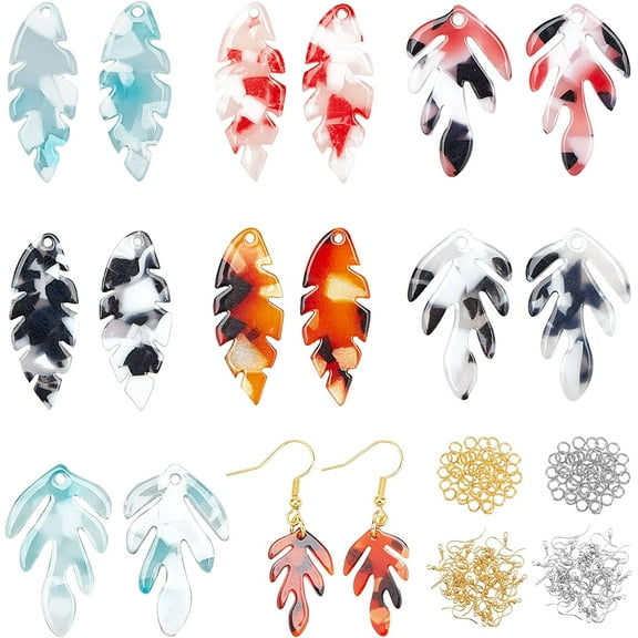 32pcs 8 Styles Leaf Shape Cellulose Acetate Resin Pendants Dangle Earring Making Kit Resin Earring Accessories with 1.4mm Hole for Jewelry Making 1box