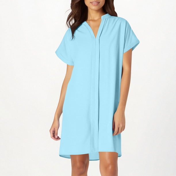 mfyjkho Vestidos de fiesta para mujer, Vestido holgado ligero con escote en V y manga corta de color liso para mujer Vestidos largos para mujer s