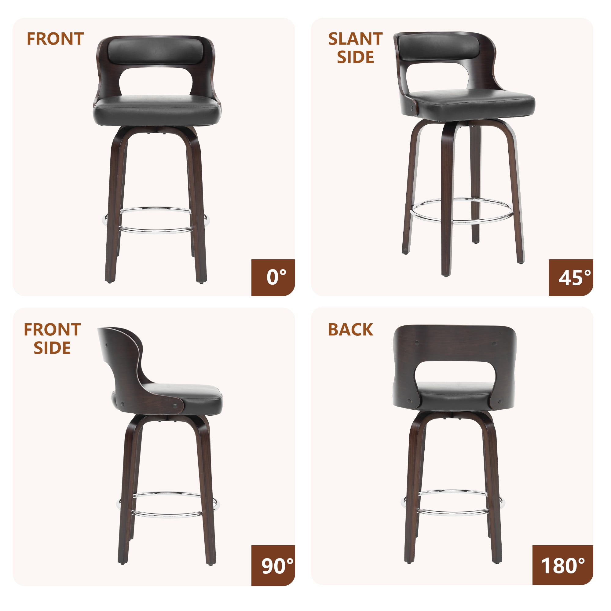 ClinQ 26 inch Swivel Bar Stools Set of 4, Counter Height Bar Chairs with Walnut Legs and Silver Ring Footrest, Upholstered Faux Leather, Black