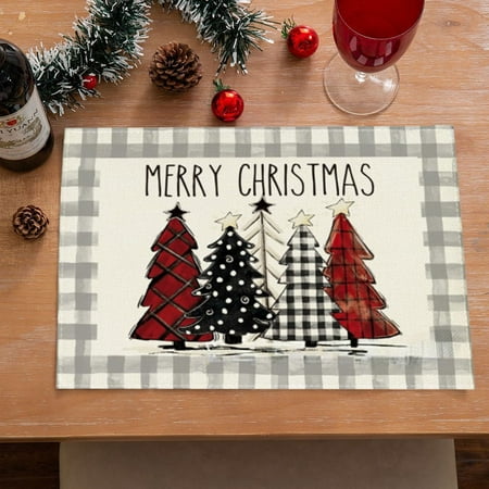 

KeirineCC Black Buffalo Plaid Christmas Tree Placemats Merry Christmas Placemats 12x18 Inch Seasonal Winter Xmas Holiday Table Mats for Party Kitchen Dining Decoration - Gray