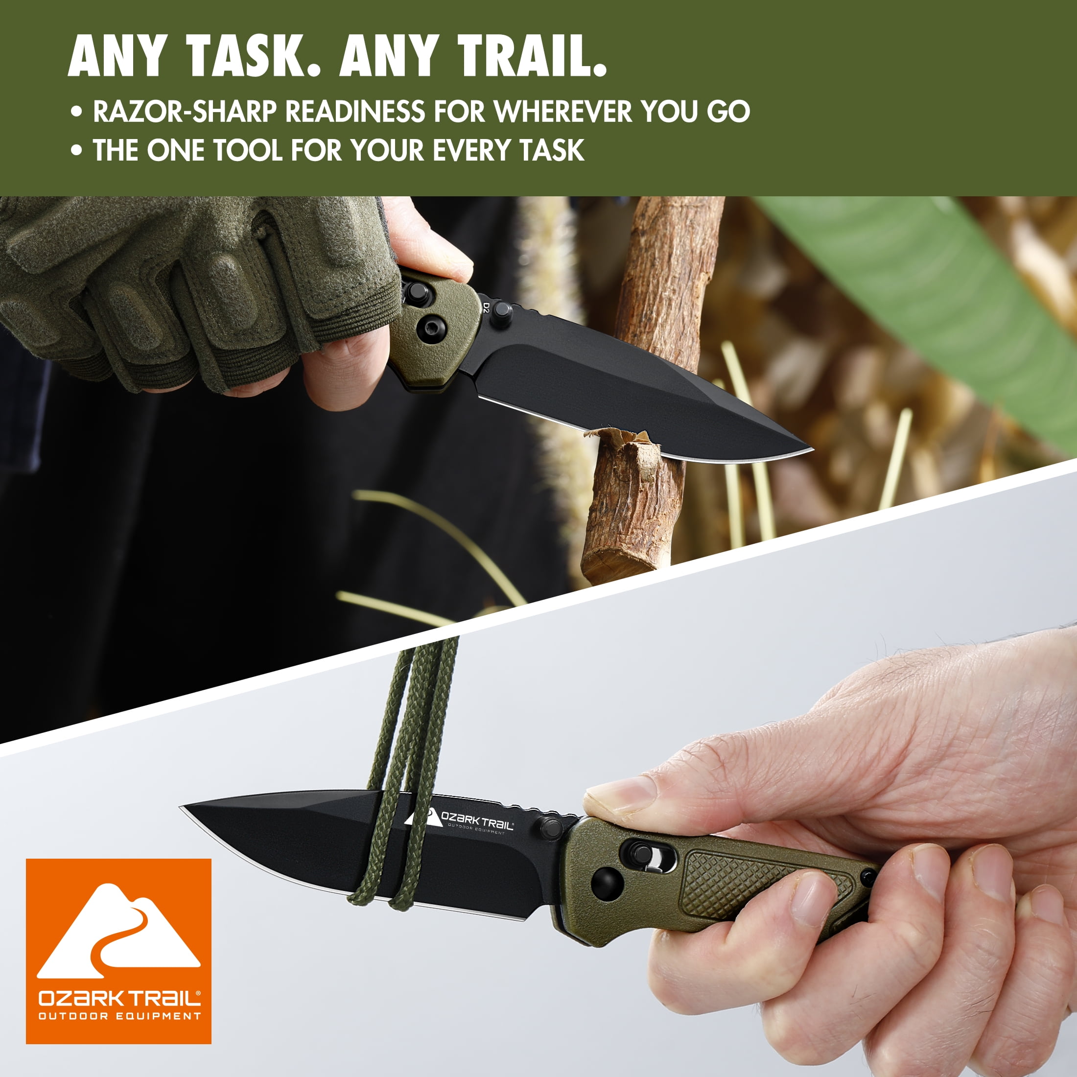 Ozark Trail 7.5 inch Folding Knife,D2 Blade,Ball Bearing,OD Green Handle, Slide Lock Pocket Knives