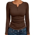thumbnail image 1 of Camisetas de Larga para Mujer, Estilo Henley, Informales, para Otoño Tops Ajustados, Camisetas Básicas de Canalé Marrón L, 1 of 8