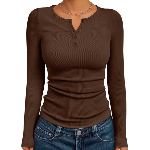 Camisetas de Larga para Mujer, Estilo Henley, Informales, para Otoño Tops Ajustados, Camisetas Básicas de Canalé Marrón L