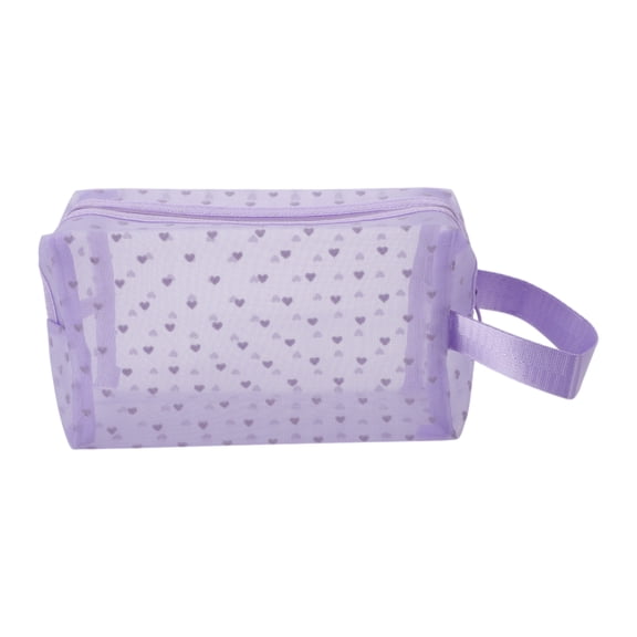 1 Pc Mesh Flocking Heart Pattern Makeup Bag for Vacation Purple Mesh Fabric