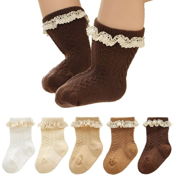 5 Pack Toddler Girls Ruffle Socks Eyelet Lace Trim Cotton Frilly Princess Dress Mesh Ankle Socks for 0-3T Infant