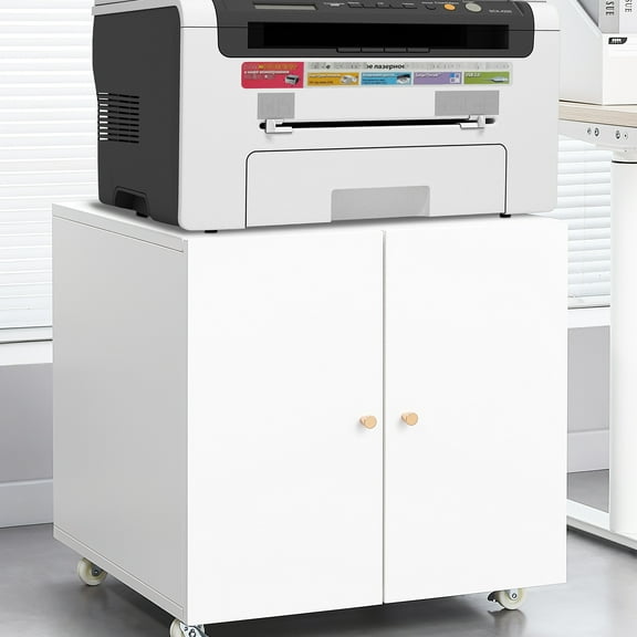Metal Printer Stand With Storage & Adjustable Partition File Cabinet On Wheels - White Mobile For Office Door 360° Rotation