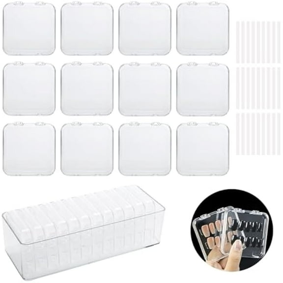 12 PCS Press On Nail Storage Boxes, Fake Nail Holder Set, Clear Plastic Nail Containers with Double-Sided Adhesive Tape