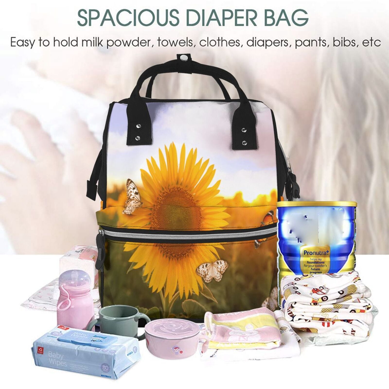 Fuzoiu butterflies flying near sunflower in field Print Diaper Bag Backpack,Baby Essentials Travel Tote,Multi function Waterproof Diaper Bag, Travel Essentials Baby Bag - Unisex