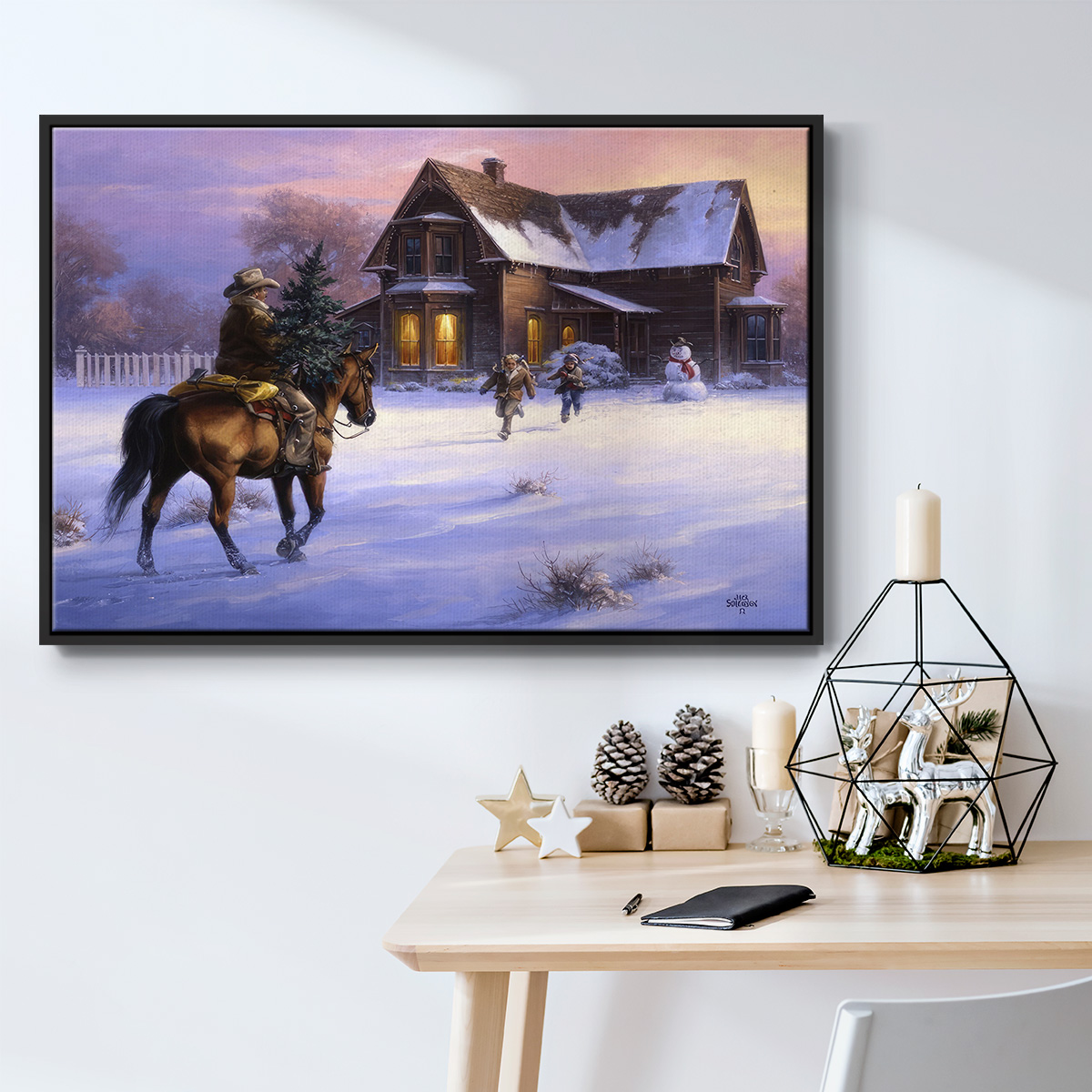 The Day Daddy Brought Home the Tree - Framed Gallery Wrapped Holiday Canvas - 17 x 25 - Black Frame