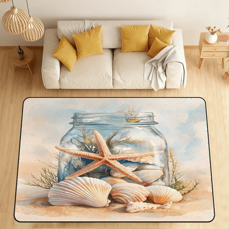 CURLYOOT Starfish Beach Sand Summer Seashell Area Rugs 5 x7 Washable Rug Large Living Room Rug Non Slip Indoor Floor Carpet for Dining Room Bedroom Home