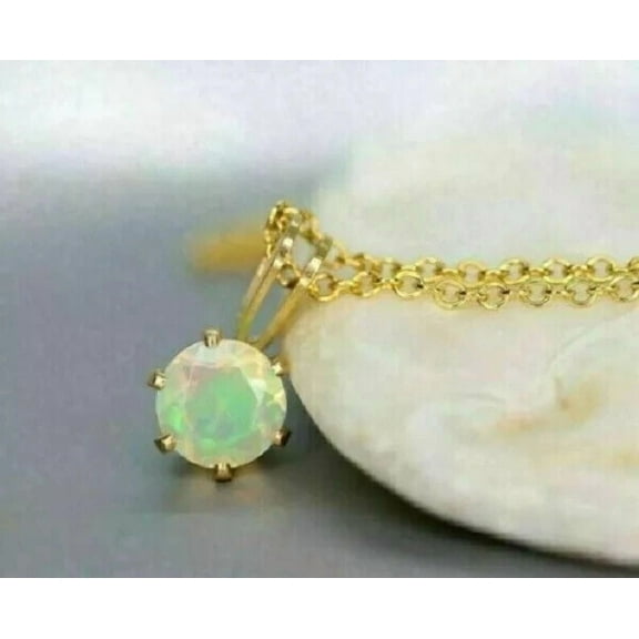 7MM 1Ct Round Cut Lab Created Fire Opal Pendant 14K Yellow Gold Plated 18"