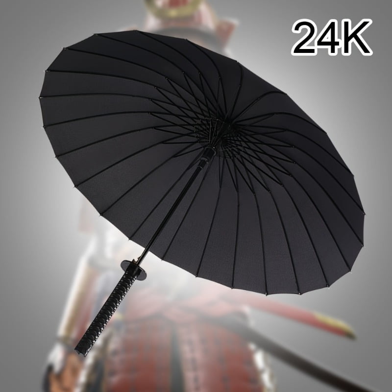 24-Rib Automatic Open Samurai Sword Cane Umbrella - Durable Plastic Handle, Waterproof Nylon Canopy, Stylish Sun & Rain Protectio，Black