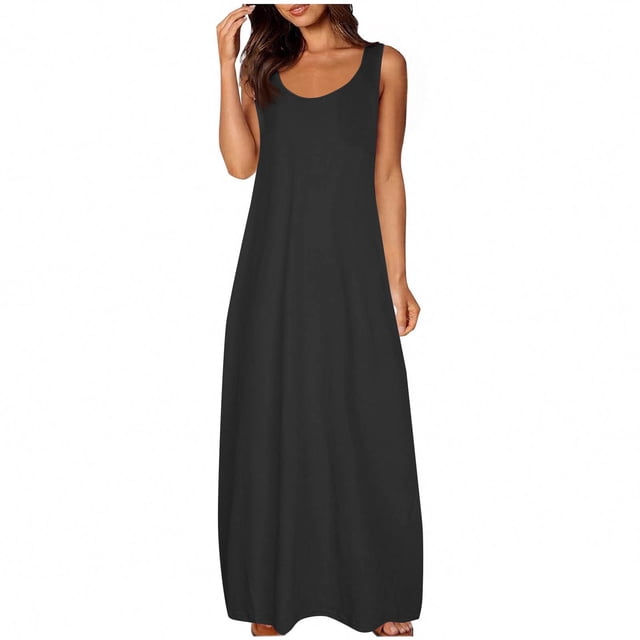 LOVZFMLL Robes pour Femmes Col Rond Uni Manches Courtes/sans Manches Robes Débardeur d'Été Décontractées Amples Plage Maxi Robes Soleil Noir A TG
