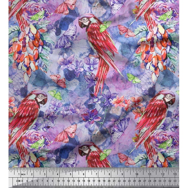 Soimoi Purple Rayon Fabric Floral,Insect & Parrot Bird Decor Fabric Printed BTY 56 Inch Wide