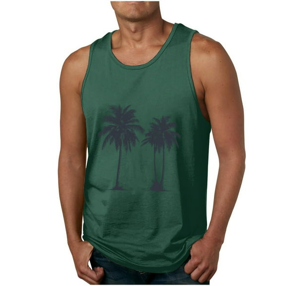ZCFZJW Men's Workout Tank Tops Cotton Gym Cut Off Sleeveless Tropical Palm Tree Graphic T Shirt Bodybuilding Fitness Muscle Athletic Tank Tops Green L