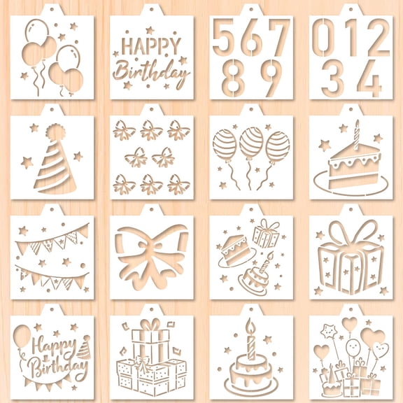 16Pcs Birthday Cookie Stencils 5.5 x 5.5in PET Plastic Reusable Balloon Numbers Cake Pattern Coffee Dessert Decoration Template